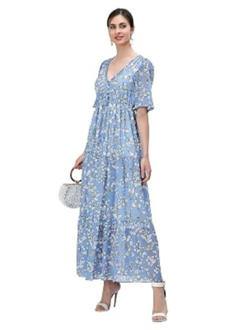 eShakti Womens Floral Print Georgette Drawstring Empire Maxi Dress size XL